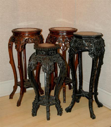 Lot image - Group of Four Chinese Marble Inset Hardwood Plant Stands