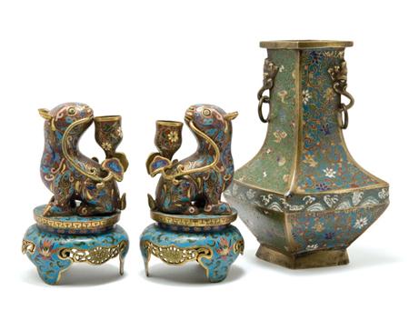 Lot image - Pair of Chinese Cloisonne Taper Stick Holders