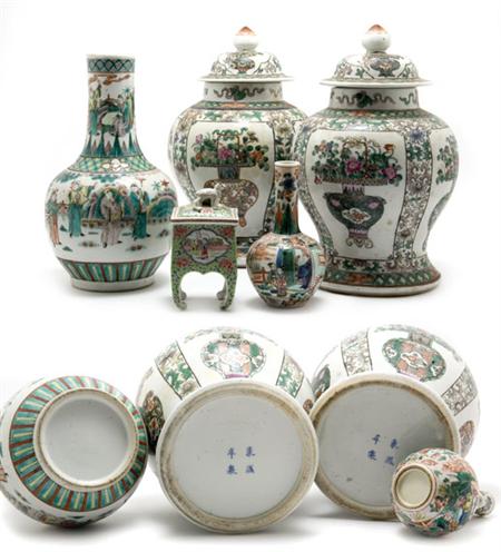 Lot image - Group of Five Famille Verte Glazed Porcelain Articles