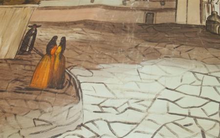 Lot image - American School Late 19th/Early 20th Century Figures Conversing Outside a Mission