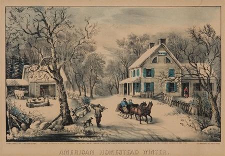 Lot image - Currier & Ives, pub. AMERICAN HOMESTEAD WINTER; BOMBARDMENT AND CAPTURE OF FORT FISHER...; SUMMER MORNING 3 h-c lithographs