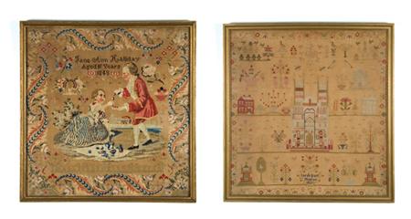 Lot image - English Pictorial Sampler; Together with an English Needlework Sampler