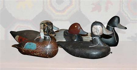 Lot image - Group of Five Carved and Painted Duck Decoys