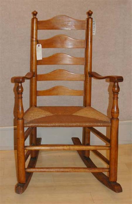 Lot image - Maple Slat Back Rush Seat Rocking Armchair