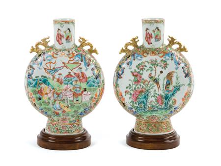 Lot image - Pair of Canton Famille Rose Porcelain Pilgrim Flasks