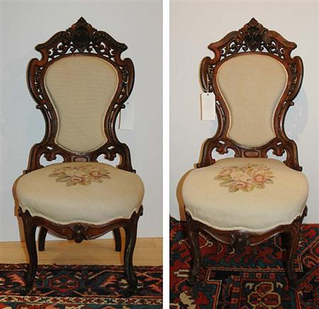 Lot image - Pair of Rococo Revival Carved and Laminated Rosewood Side Chairs