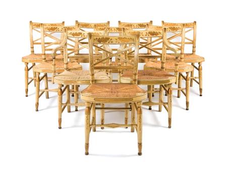 Lot image - Set of Ten Painted and Gilt Decorated Fancy Chairs