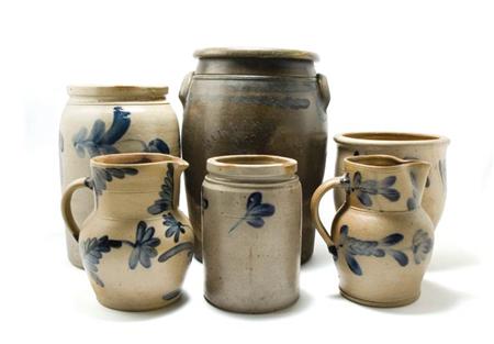 Lot image - Group of Six Cobalt Decorated Salt Glazed Stoneware Articles