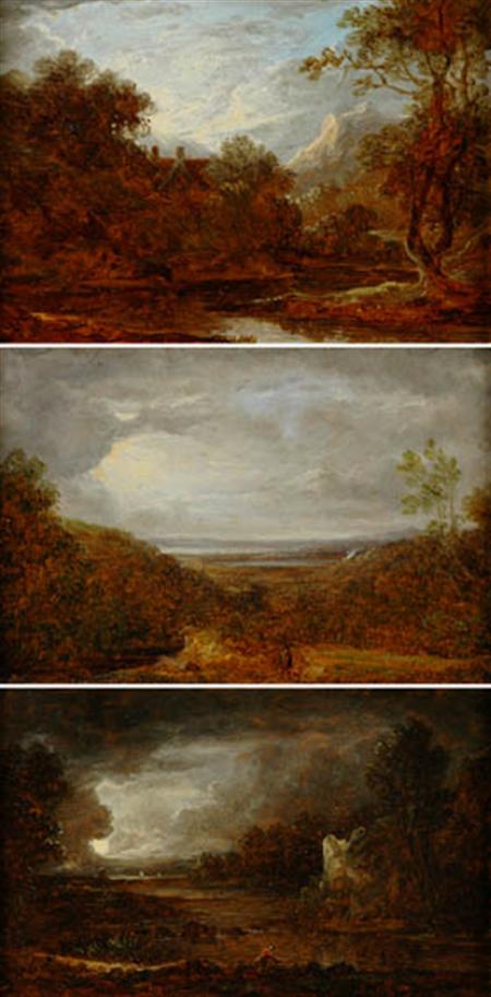 Lot image - Benjamin Barker of Bath British, 1776-1838 Cottage in a Moutain Landscape, Figure in a Country Landscape, and Figure in Moonlight: 3