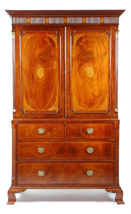 Lot image - George III Brass Mounted Marquetry Inlaid Mahogany Linen Press