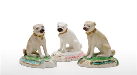 Lot image - Group of Three Derby Porcelain Pug Dogs