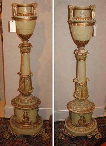 Lot image - Pair of Continental Neoclassical Parcel Gilt and Painted Torcheres