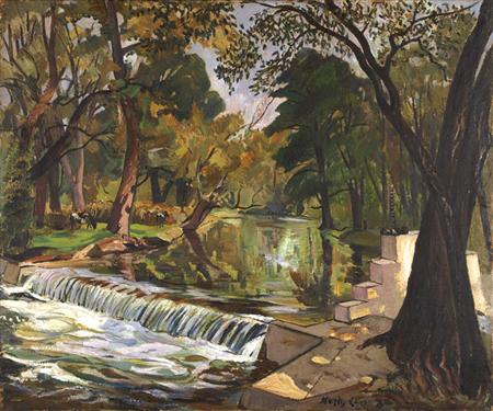 Lot image - Richard Hayley Lever American, 1876-1958 Landscape with Waterfall