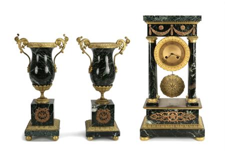 Lot image - Louis Philippe Style Gilt-Metal Mounted Green Marble Portico Clock; T/W a Pair of Associated Louis Philippe Style Pedestal Urns