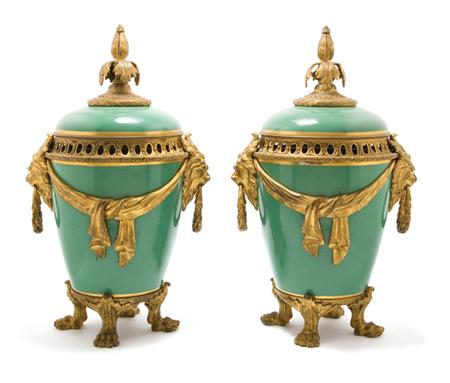 Lot image - Pair of Sevres Style Gilt-Bronze Mounted Porcelain Two-Handled Urns