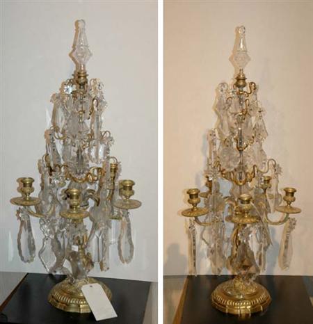 Lot image - Pair of Transitional Louis XV/XVI Style Gilt-Metal and Glass Five-Light Candelabra