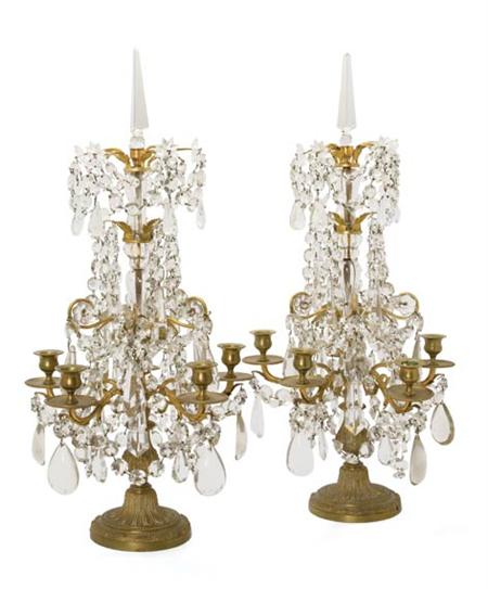 Lot image - Pair of Transitional Louis XV/XVI Style Gilt-Metal and Glass Five-Light Candelabra