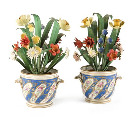 Lot image - Pair of Sevres Style Porcelain Two-Handled Cachepots; Together with a Pair of Italian Painted Metal Flower Pots
