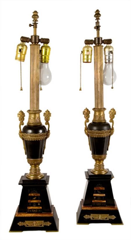 Lot image - Pair of Egyptian Revival Style Gilt-Metal Mounted Onyx and Slate Two-Light Lamps