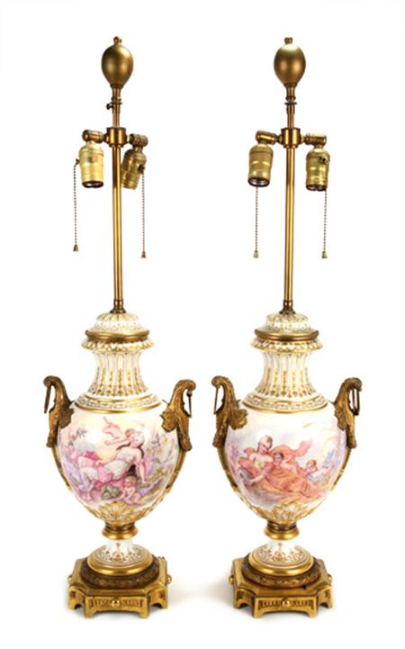 Lot image - Pair of Sevres Style Gilt-Metal Mounted Gilt Decorated Porcelain Covered Vases