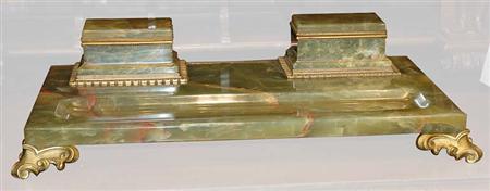 Lot image - Louis XVI Style Gilt-Metal Mounted Green Onyx Inkstand