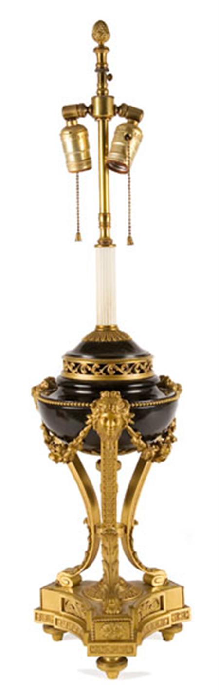 Lot image - Louis XVI Style Gilt-Bronze and Enameled Metal Two-Light Lamp