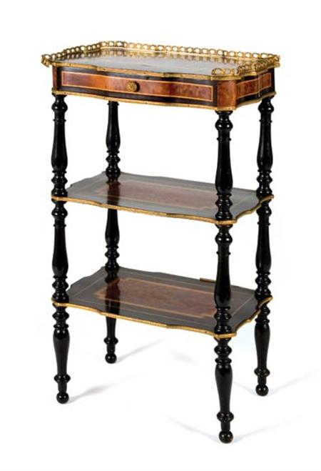 Lot image - Napoleon III Style Gilt-Metal Mounted Parcel Ebonized and Parquetry Inlaid Burl-Walnut Side Table