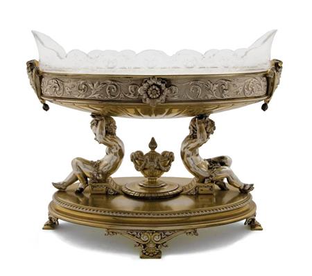 Lot image - Elkington & Co. Silver Plated and Engraved Glass Figural Centerpiece