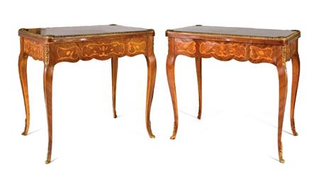 Lot image - Pair of Louis XV Style Gilt-Metal Mounted Marquetry Inlaid Mahogany Games Tables