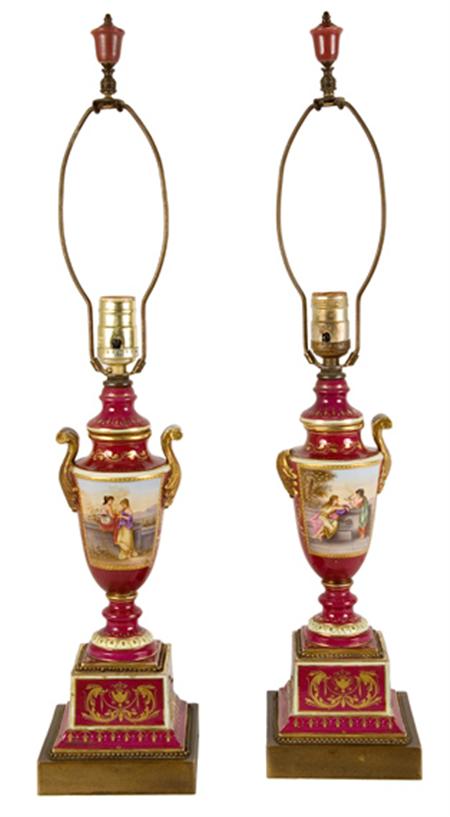 Lot image - Pair of Vienna Style Gilt Decorated Porcelain Covered Pedestal Two-Handled Urns