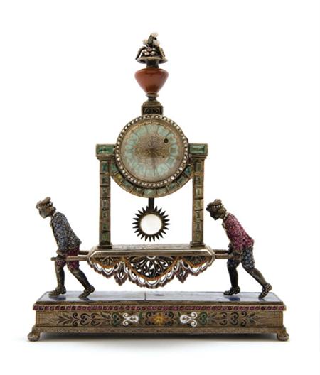 Lot image - Continental Gem Set Silver, Enamel and Hardstone Desk Clock