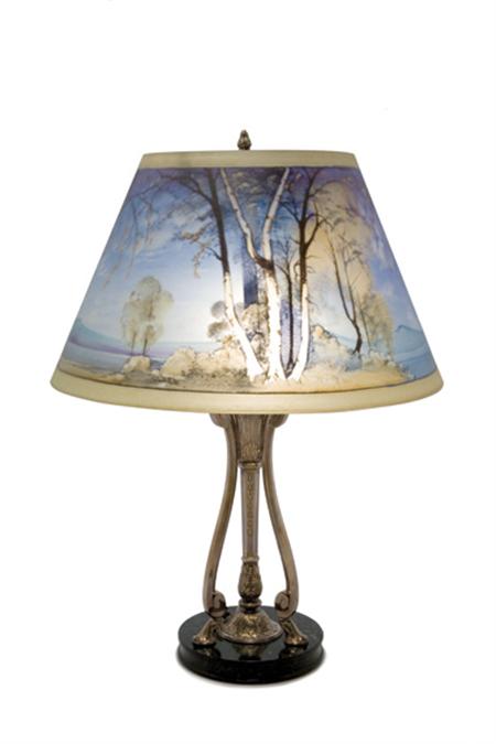 Lot image - Pairpoint Mfg. Co. Silver Plated and Reverse Painted Glass Two-Light Lamp