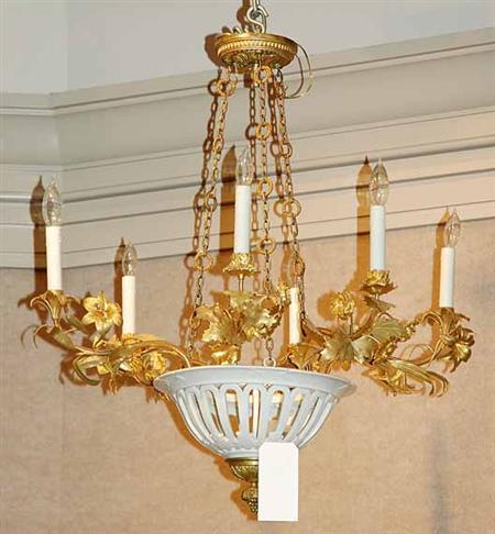 Lot image - Transitional Louis XV/XVI Style Gilt-Metal, Gilt-Bronze and Porcelain Six-Light Chandelier