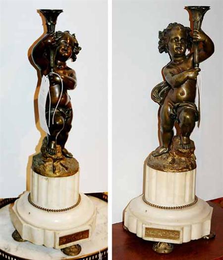 Lot image - Pair of Transitional Louis XV/XVI Style Gilt and Patinated-Bronze Figures of Putti