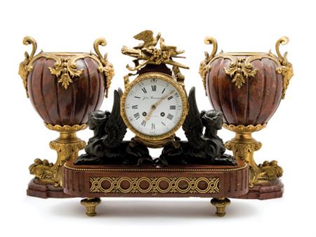 Lot image - Empire Style Gilt and Patinated-Bronze and Rouge Marble Mantel Clock