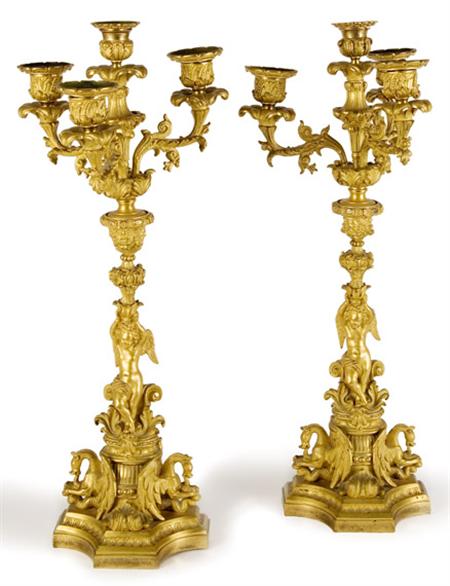 Lot image - Companion Pair of Rococo Style Gilt-Bronze Figural Four-Light Candelabra