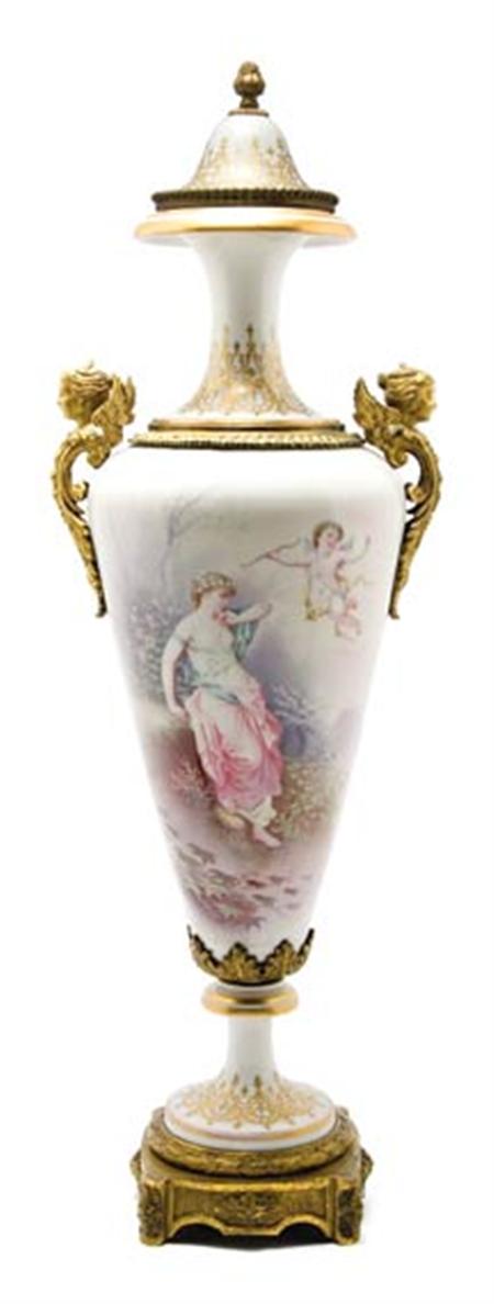 Lot image - Sevres Style Gilt-Metal Mounted and Gilt Decorated Porcelain Vase