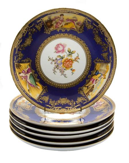 Lot image - Set of Twelve Sevres Style Gilt Decorated Porcelain Cabinet Plates