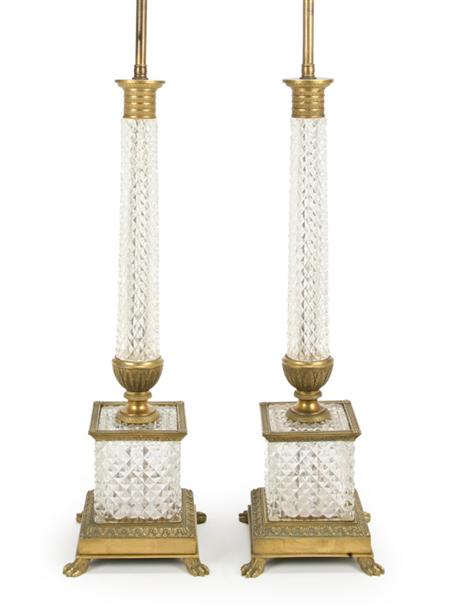 Lot image - Pair of Austrian Gilt-Metal Mounted Colorless Glass Two-Light Lamps