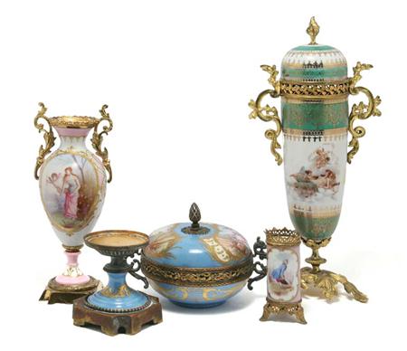 Lot image - Miscellaneous Group of Four Sevres and Sevres Style Gilt-Metal and Gilt-Bronze Mounted Porcelain Articles