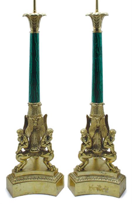 Lot image - Pair of Gilt-Bronze and Malachite Two-Light Lamps
