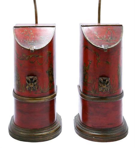 Lot image - Pair of Painted Red Tole Lamps