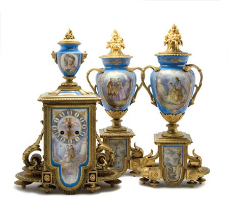 Lot image - Sevres Style Porcelain and Gilt-Bronze Clock Garniture