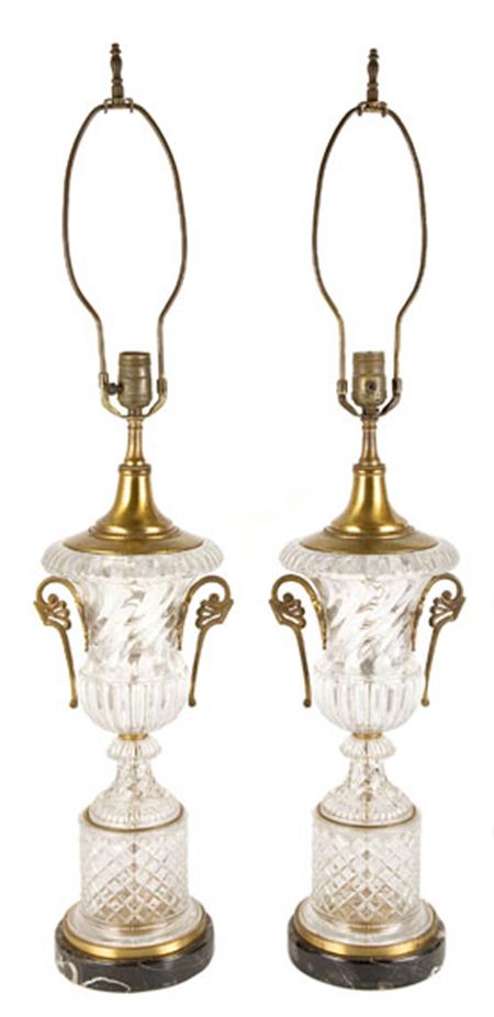 Lot image - Pair of Baccarat Style Gilt-Metal Mounted Molded Glass Lamps