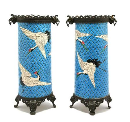 Lot image - Pair of Japanese Bronze Mounted Ceramic Vases