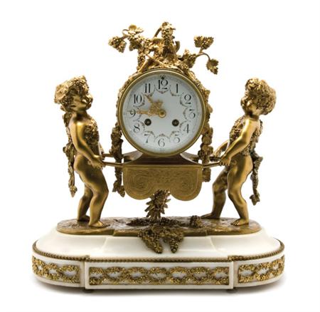 Lot image - Louis XVI Style Gilt-Bronze and Marble Figural Mantel Clock