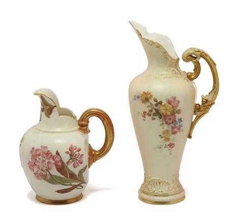 Lot image - Two Royal Worcester Gilt Decorated Porcelain Ewers