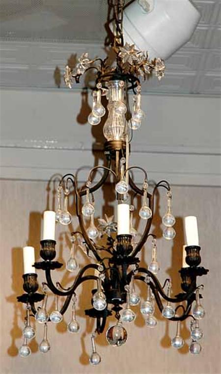 Lot image - Louis XV Style Black Patinated-Metal and Glass Six-Light Chandelier