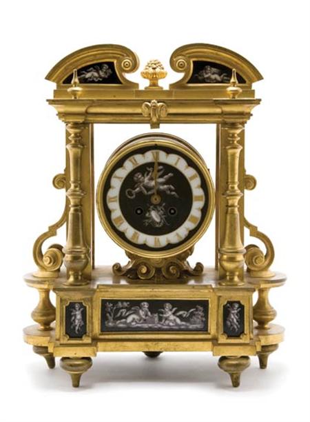 Lot image - Louis XVI Style Porcelain Mounted Gilt-Bronze Mantel Clock