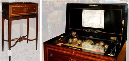 Lot image - Swiss Marquetry Inlaid Rosewood Music Cylinder Box on Stand